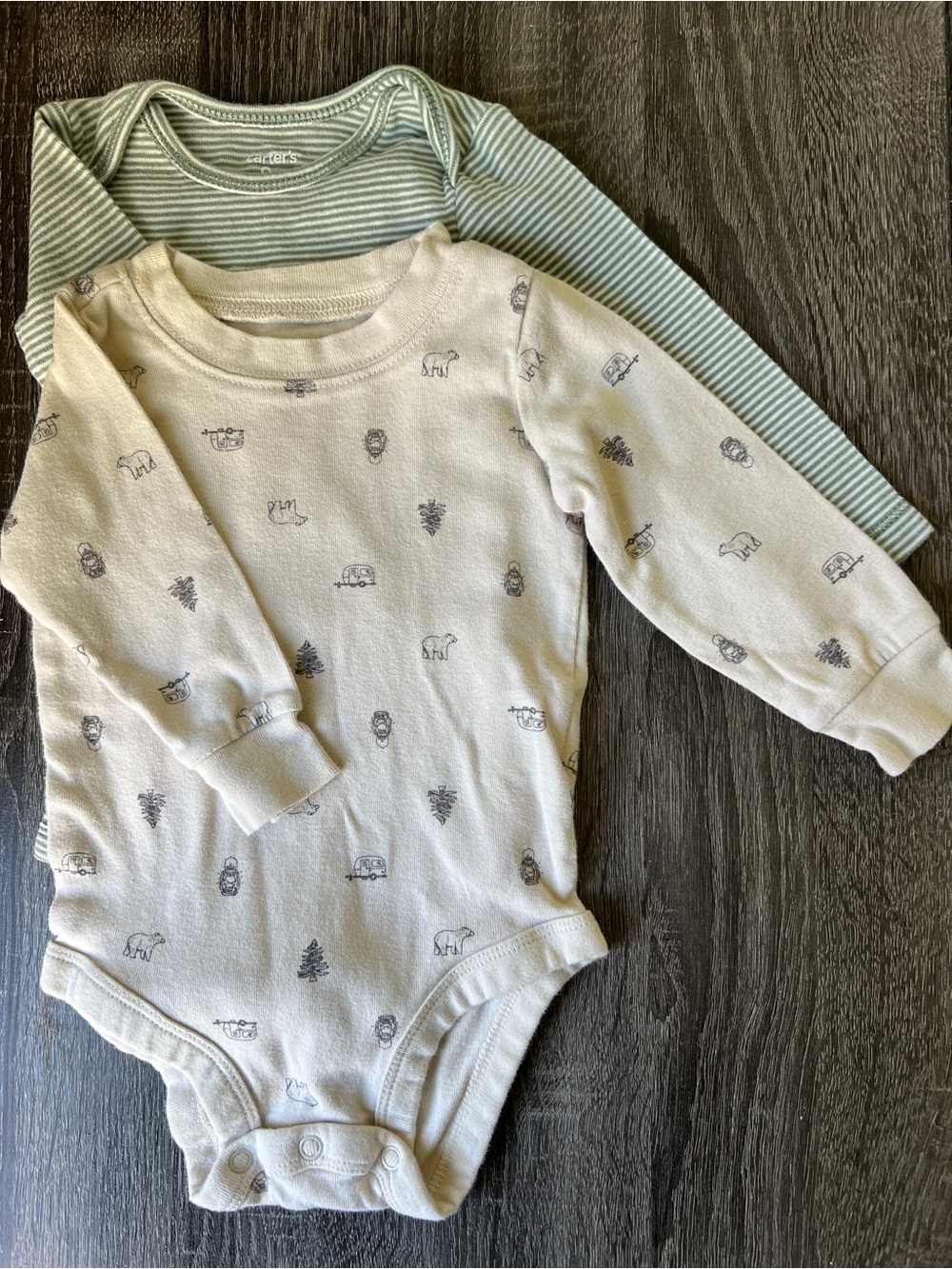 Carter's Cream Animal Sketch & Sage Green Striped Long-Sleeve One-Pieces